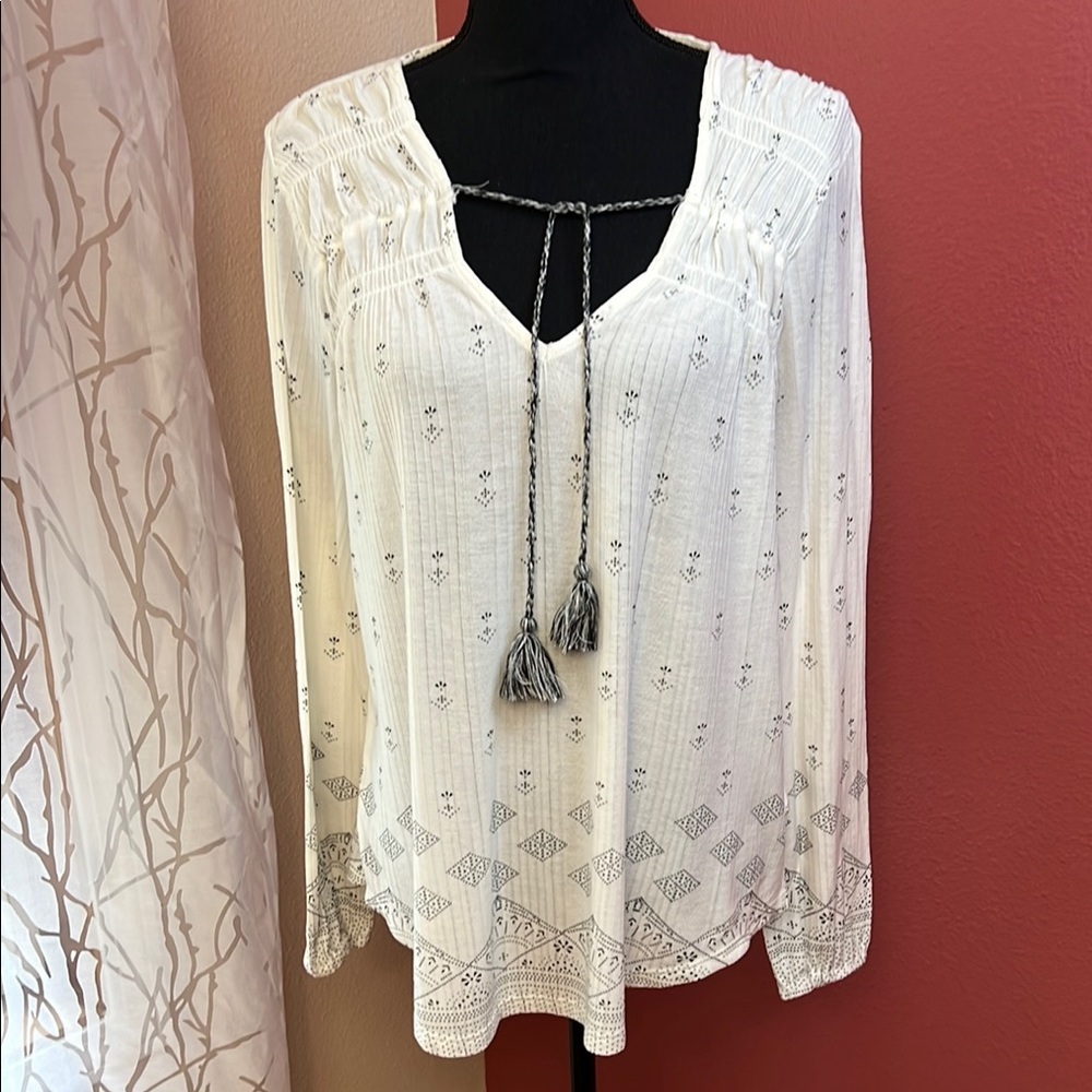 Luck Brand Bohemian White Blouse with Tassel Detail